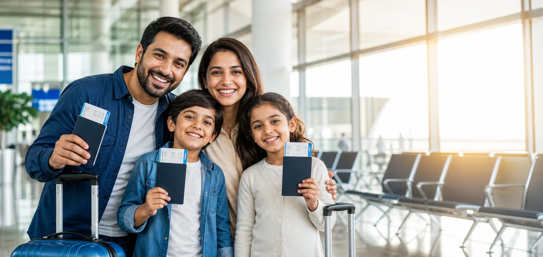 Family ready for international travel with passports and luggage